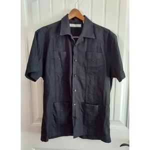 Monte Carlo Shirt Men Medium 38/40 Black Embroidery Guayabera Rockabilly Bowling